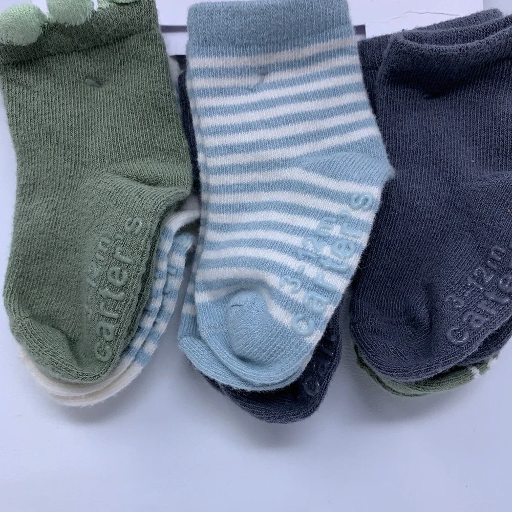 Carter's Baby 3-12m Blue Green Dinosaur Stripe 6-Pack Ankle Socks NWT